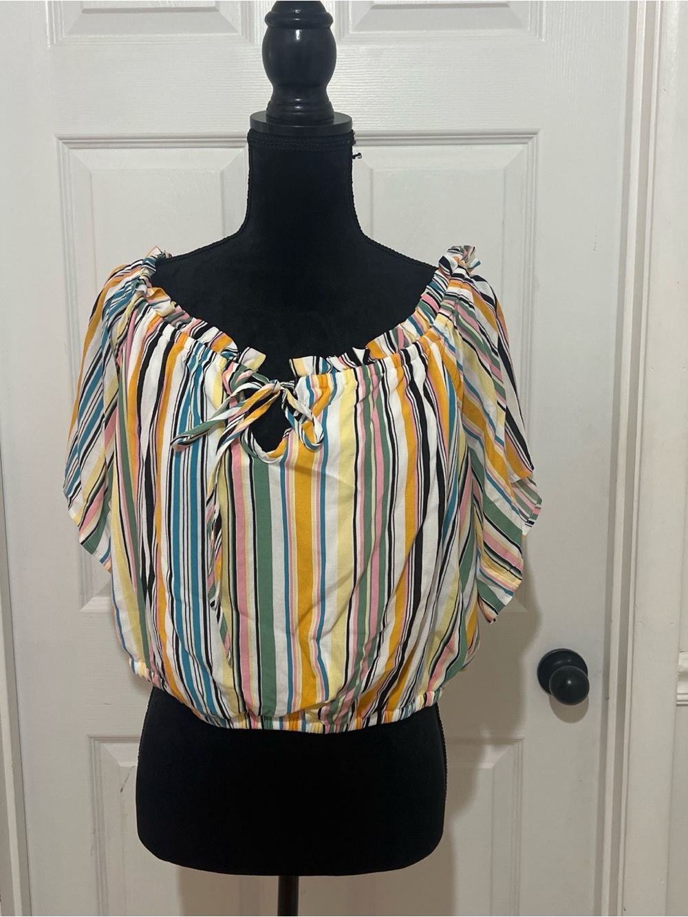 torrid Yellow, Teal, Pink, Black & White Striped Off-Shoulder Crop Top
